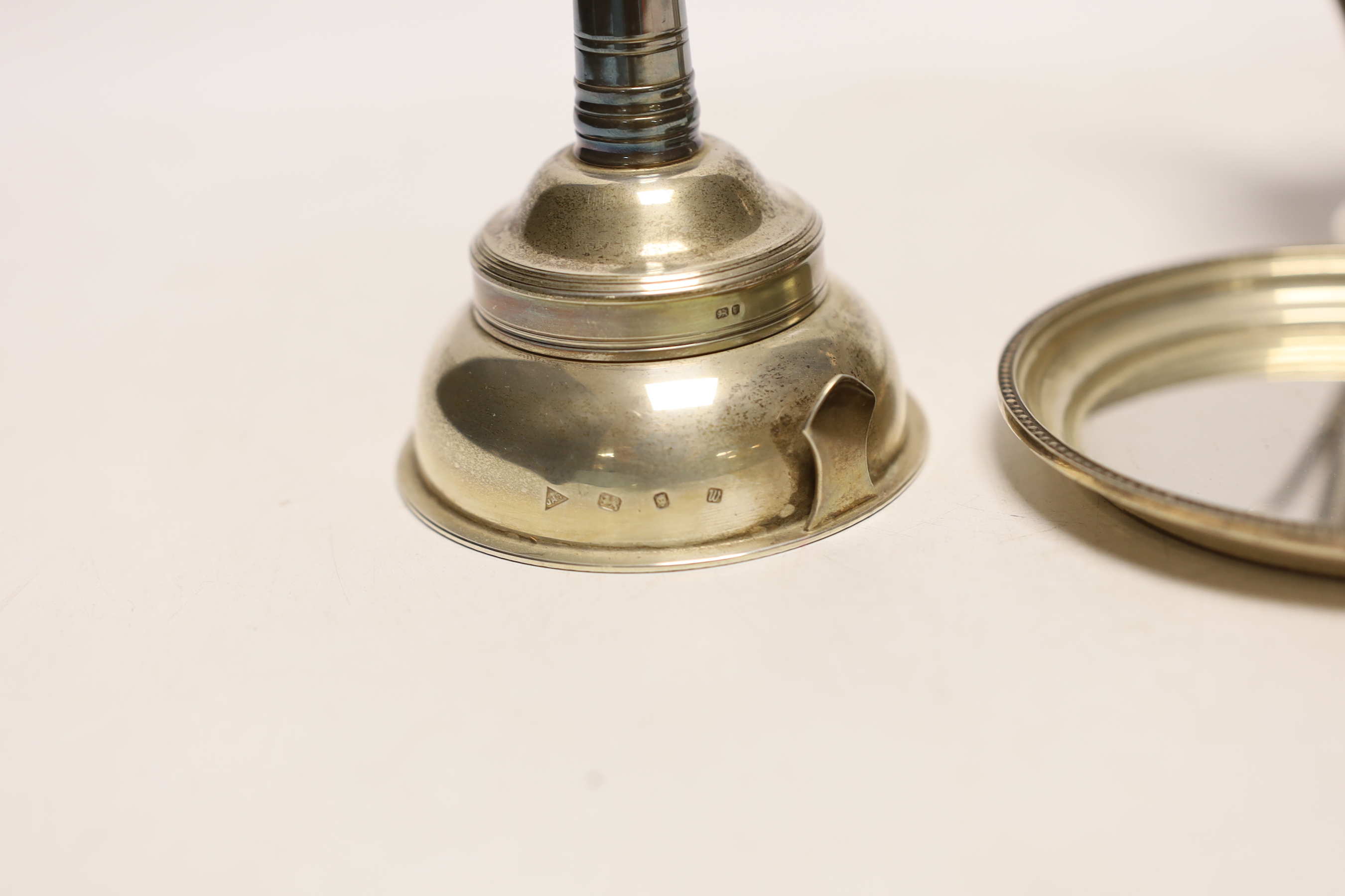 A modern silver wine funnel and stand by J.A. Campbell, 12cm and a French white metal mounted glass mustard pot, with plated spoon.